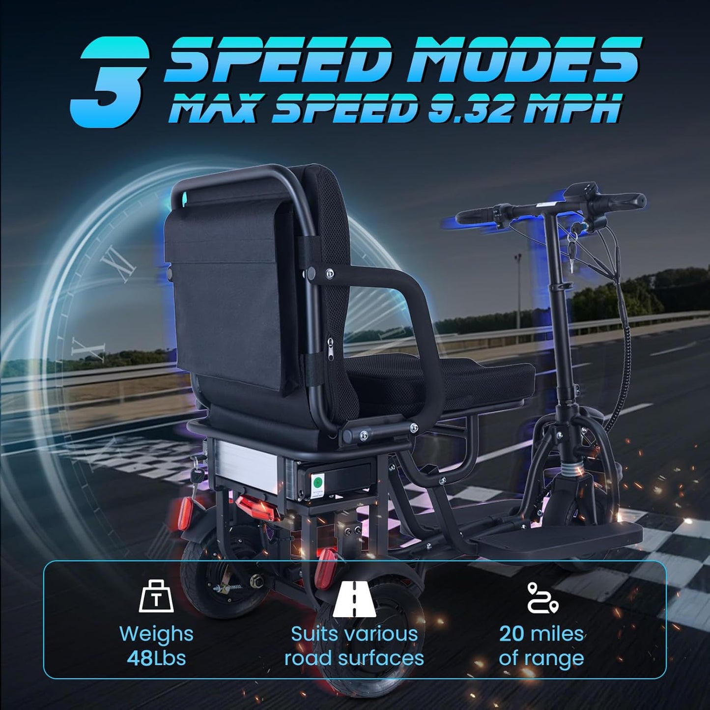 New Folding Mobility Scooter, 3-Wheel Foldable Mobility Scooter for Adults & Seniors, Long-Range Lithium Battery, 300Lbs Capacity, Lightweight with Basket & Cup Holder
