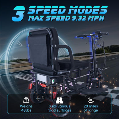 New Folding Mobility Scooter, 3-Wheel Foldable Mobility Scooter for Adults & Seniors, Long-Range Lithium Battery, 300Lbs Capacity, Lightweight with Basket & Cup Holder