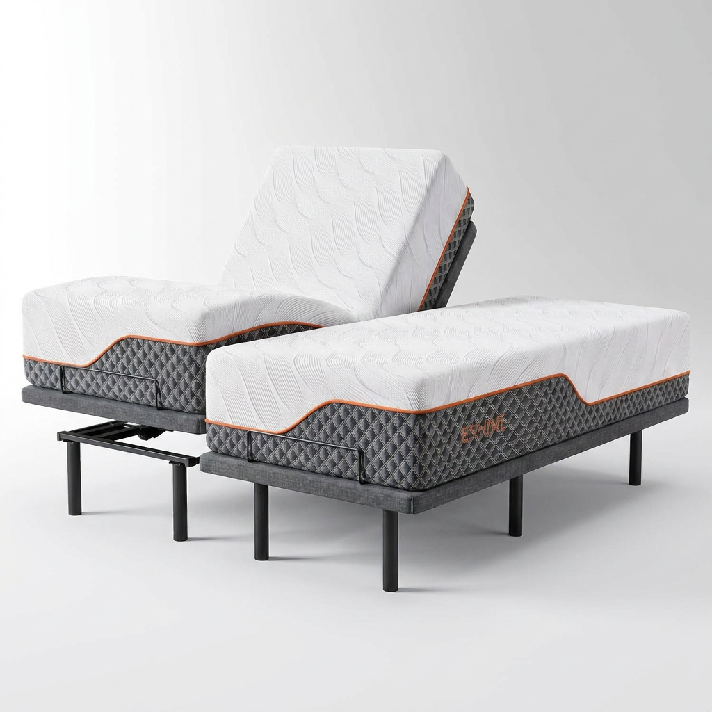 14" Hybrid Mattress Twin XL + Adjustable Bed Frame - Luxury Gel Memory Foam, Upholstered Bed Frames with Massage, USB, under Bed Night Light, Head and Foot Incline, Split King — Studio Shot
