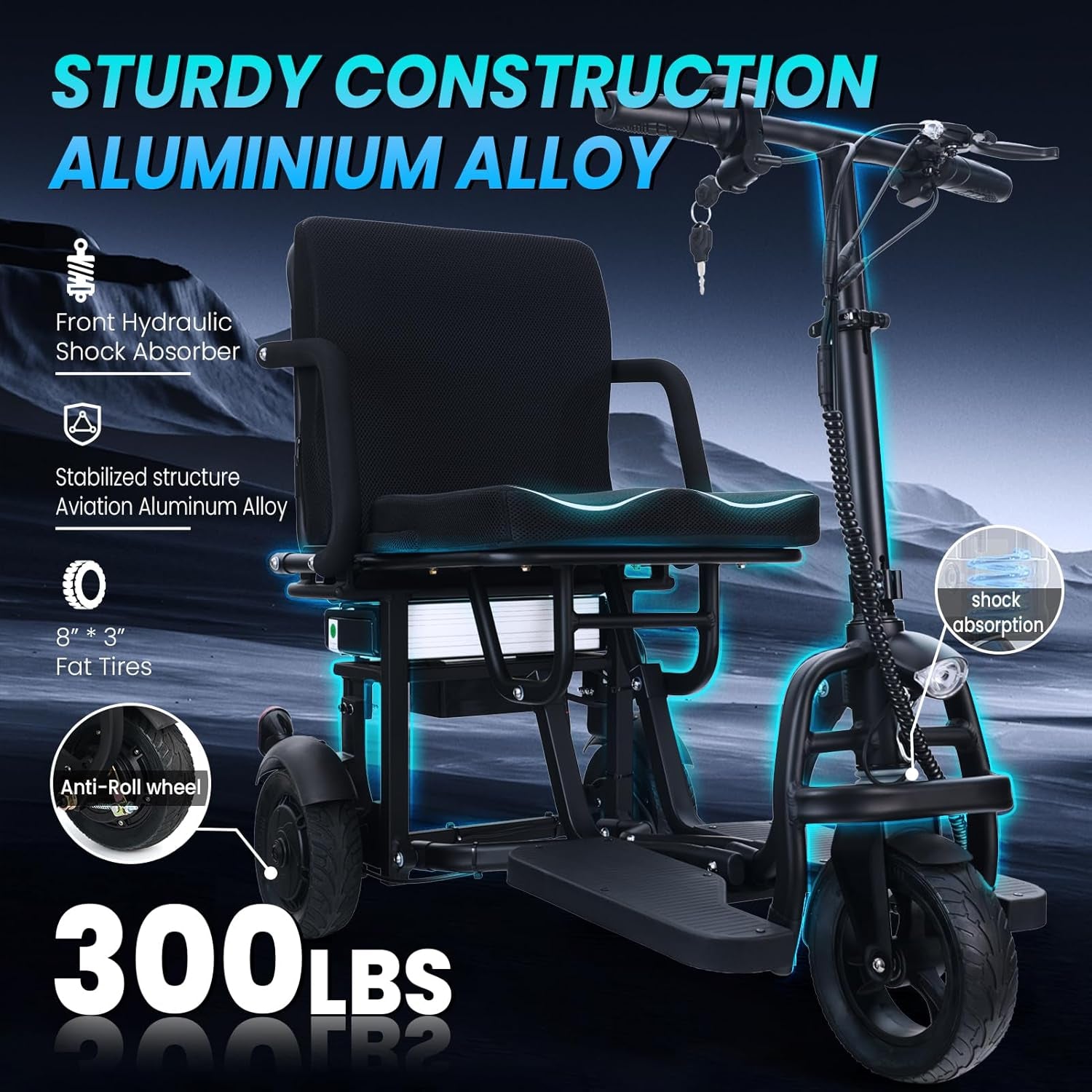 New Folding Mobility Scooter, 3-Wheel Foldable Mobility Scooter for Adults & Seniors, Long-Range Lithium Battery, 300Lbs Capacity, Lightweight with Basket & Cup Holder