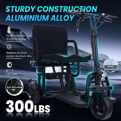 New Folding Mobility Scooter, 3-Wheel Foldable Mobility Scooter for Adults & Seniors, Long-Range Lithium Battery, 300Lbs Capacity, Lightweight with Basket & Cup Holder