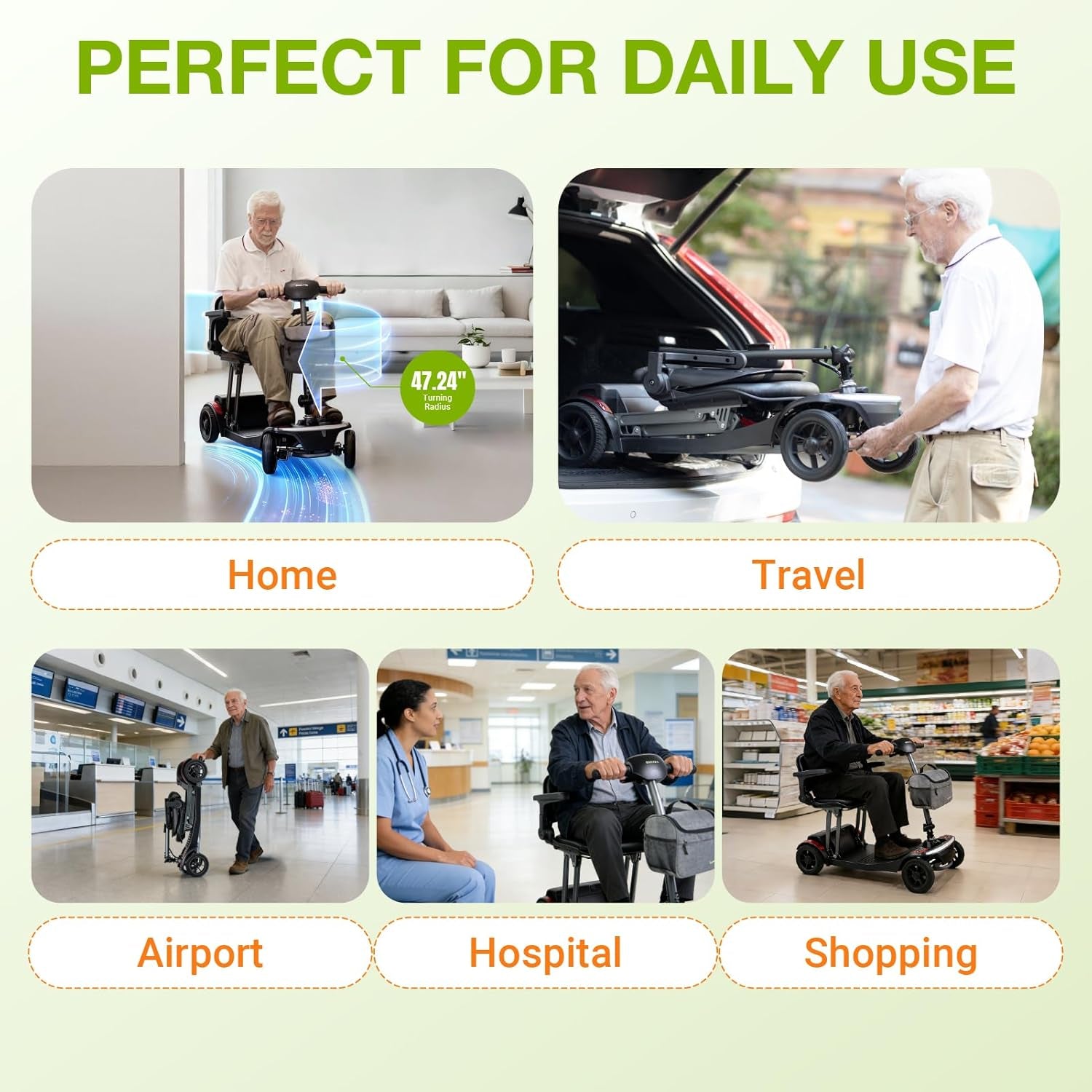 Mobility Scooter for Seniors & Adults Foldable, Airline Approved, 44Lbs Lightweight 4 Wheel Electric Scooter, Portable for Travel, with Removable Battery & USB Port (Standard)