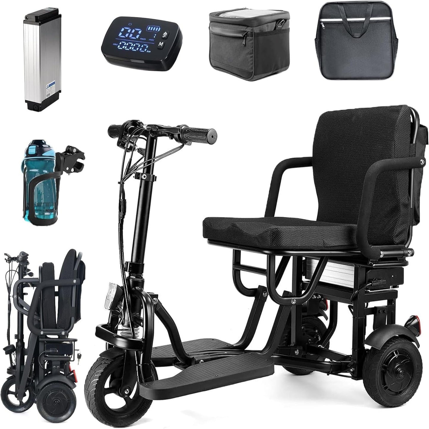 New Folding Mobility Scooter, 3-Wheel Foldable Mobility Scooter for Adults & Seniors, Long-Range Lithium Battery, 300Lbs Capacity, Lightweight with Basket & Cup Holder