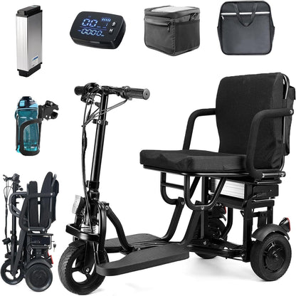 New Folding Mobility Scooter, 3-Wheel Foldable Mobility Scooter for Adults & Seniors, Long-Range Lithium Battery, 300Lbs Capacity, Lightweight with Basket & Cup Holder
