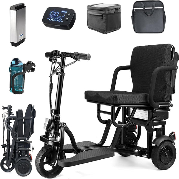 New Folding Mobility Scooter, 3-Wheel Foldable Mobility Scooter for Adults & Seniors, Long-Range Lithium Battery, 300Lbs Capacity, Lightweight with Basket & Cup Holder