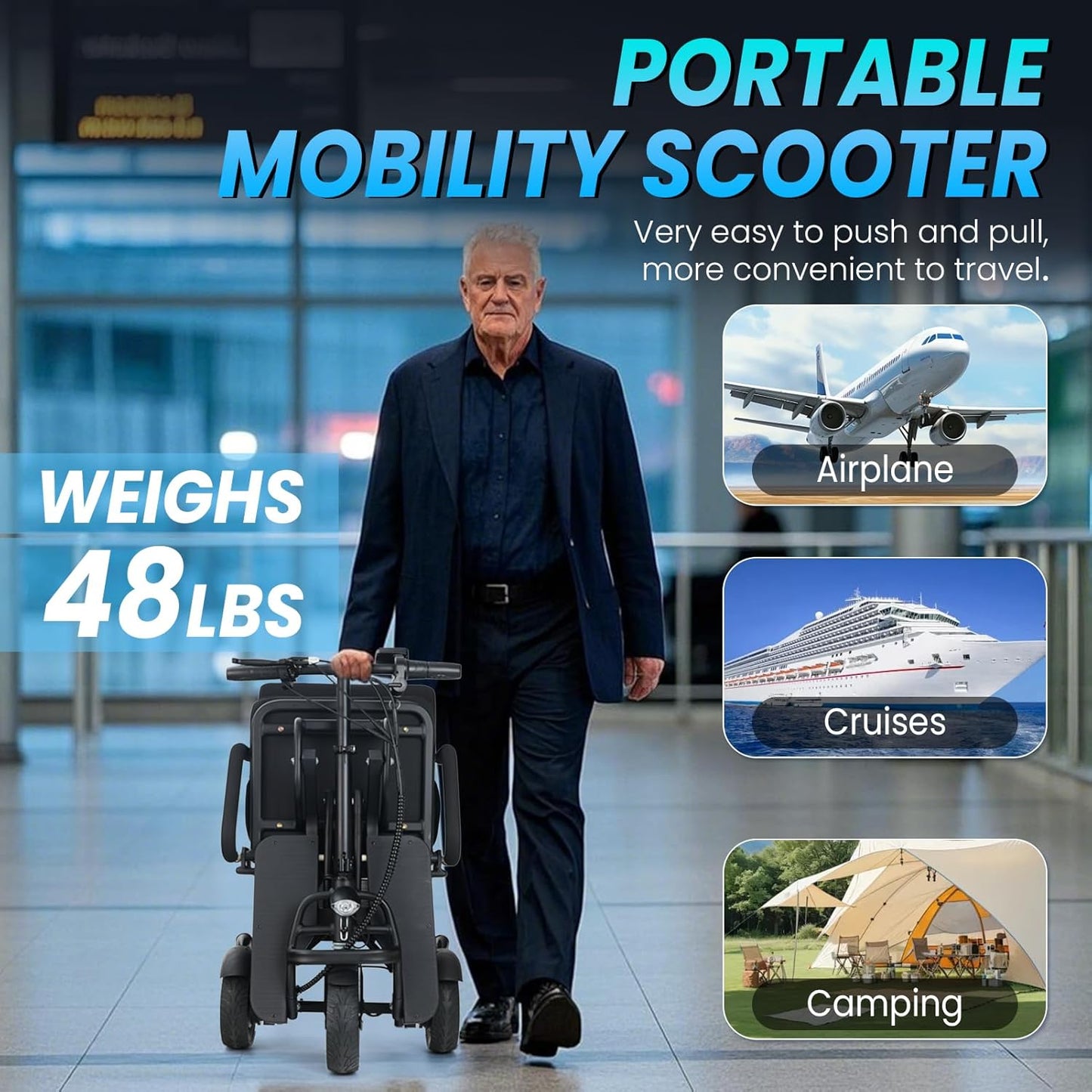 New Folding Mobility Scooter, 3-Wheel Foldable Mobility Scooter for Adults & Seniors, Long-Range Lithium Battery, 300Lbs Capacity, Lightweight with Basket & Cup Holder