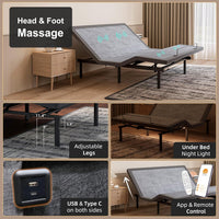 14" Hybrid Mattress Twin XL + Adjustable Bed Frame - Luxury Gel Memory Foam, Upholstered Bed Frames with Massage, USB, under Bed Night Light, Head and Foot Incline, Split King