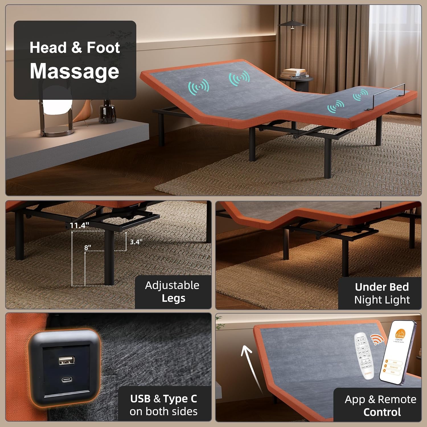 Adjustable Bed Frame Queen - Easy to Install in 5 Minutes, Adjustable Bed for Massage, Zero Gravity, under Bed Lights, Wireless Remote, Foot&Head Incline, Smart Bed, 3000 Premium Series