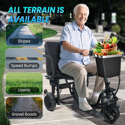 New Folding Mobility Scooter, 3-Wheel Foldable Mobility Scooter for Adults & Seniors, Long-Range Lithium Battery, 300Lbs Capacity, Lightweight with Basket & Cup Holder