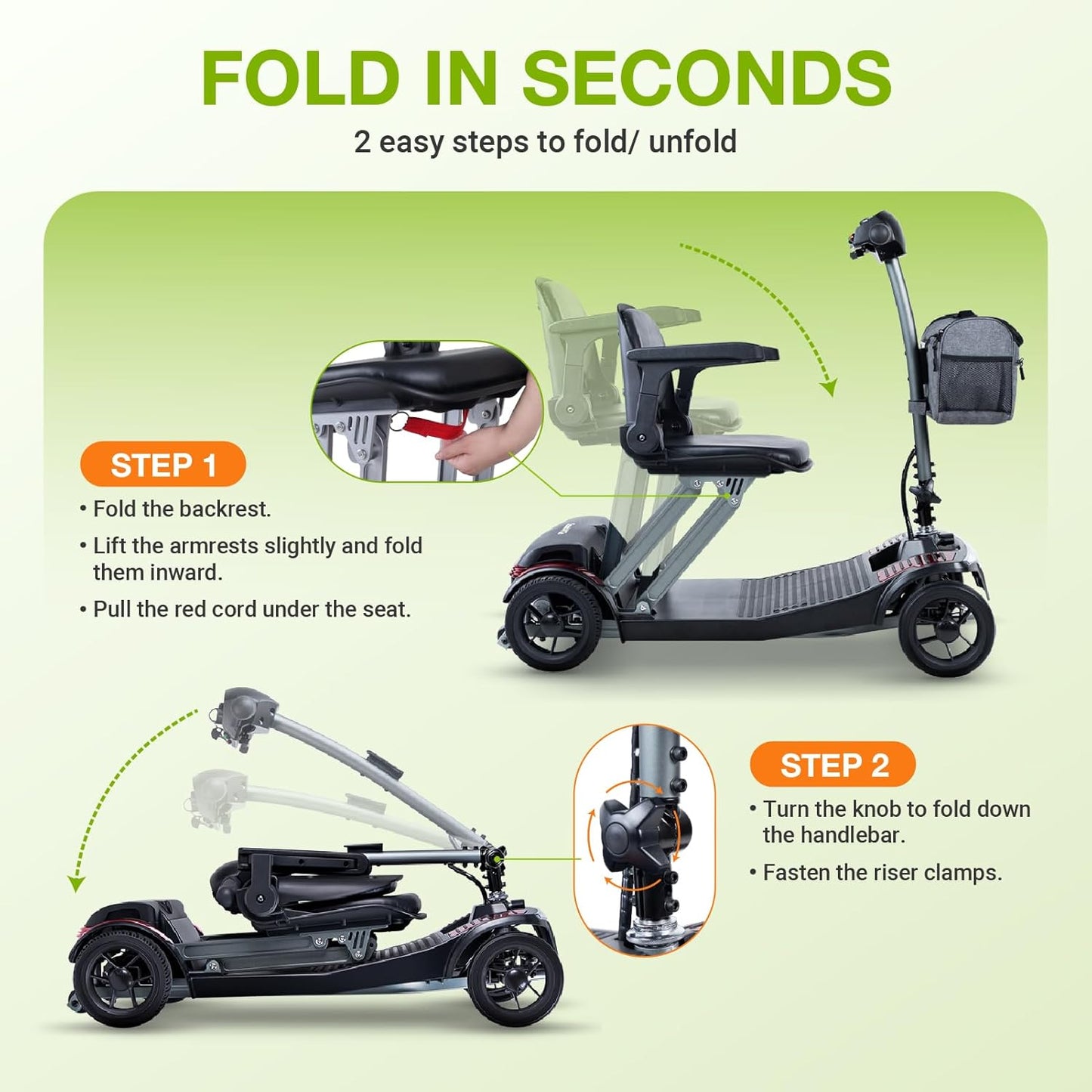 Mobility Scooter for Seniors & Adults Foldable, Airline Approved, 44Lbs Lightweight 4 Wheel Electric Scooter, Portable for Travel, with Removable Battery & USB Port (Standard)