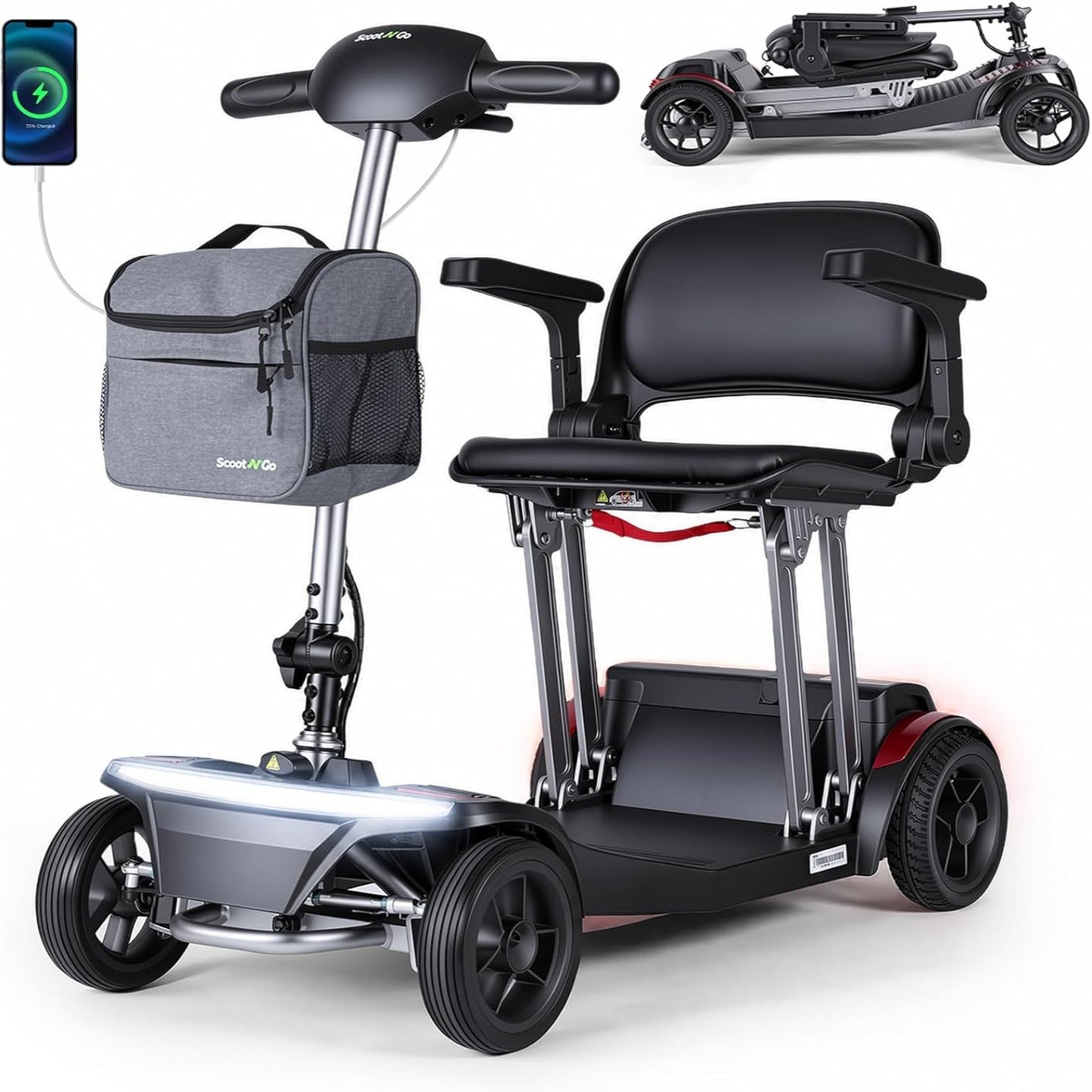 Mobility Scooter for Seniors & Adults Foldable, Airline Approved, 44Lbs Lightweight 4 Wheel Electric Scooter, Portable for Travel, with Removable Battery & USB Port (Standard)
