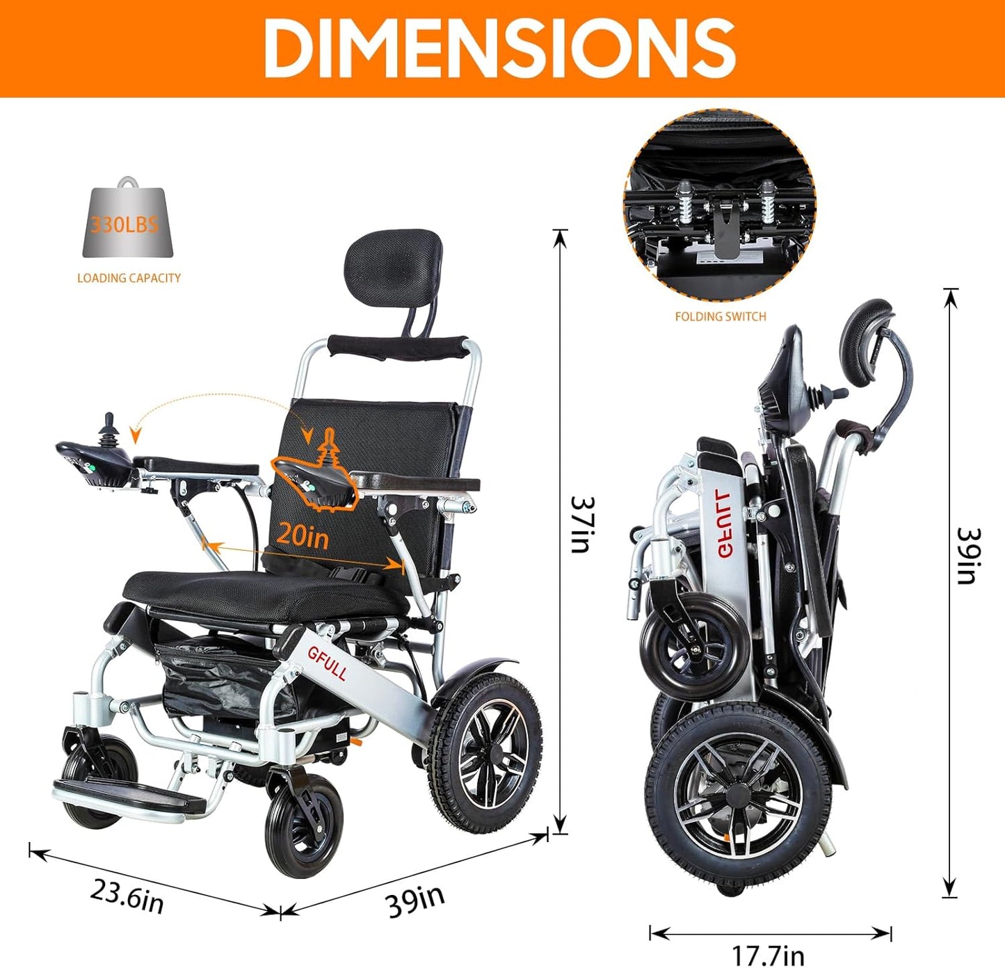 Electric Wheelchairs for Adults, Heavy Duty 66Lbs 20" Wider Seat Aluminum Foldable Motorized Wheelchair with 12Ah Batteries & Dual Motors, 20 Miles Long Range 330 Lbs Large Tire for Home, Park